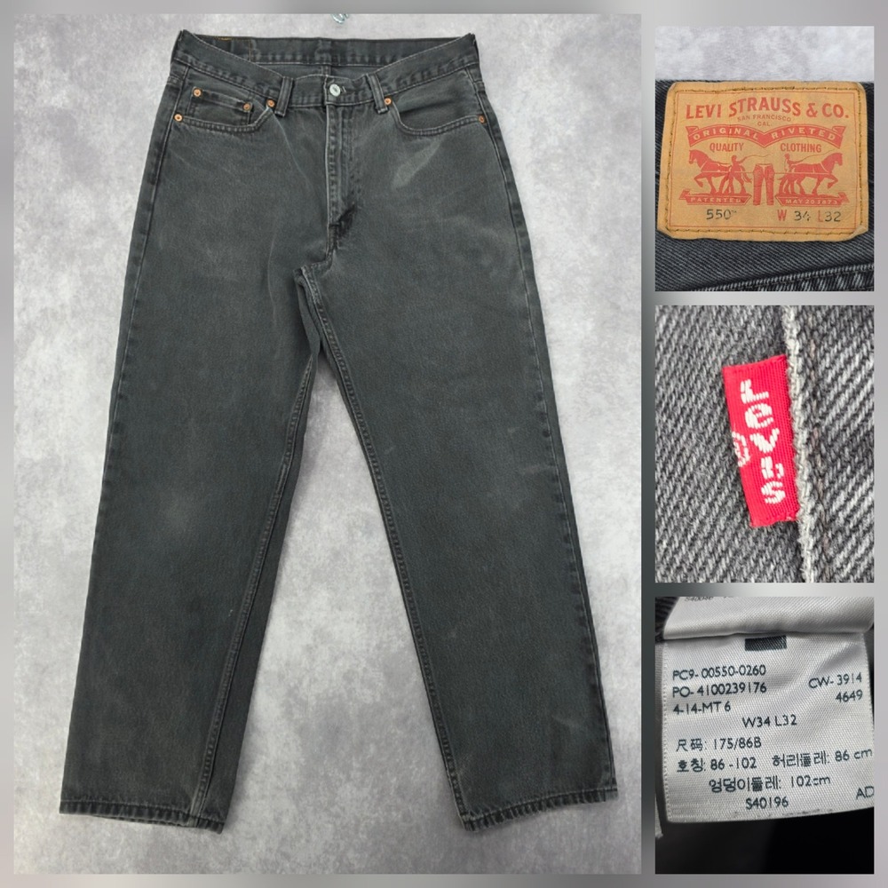 Levis Black 550 Jeans Mens 34x32 Relaxed Fit Tapered Leg Faded Denim Fits 34x30